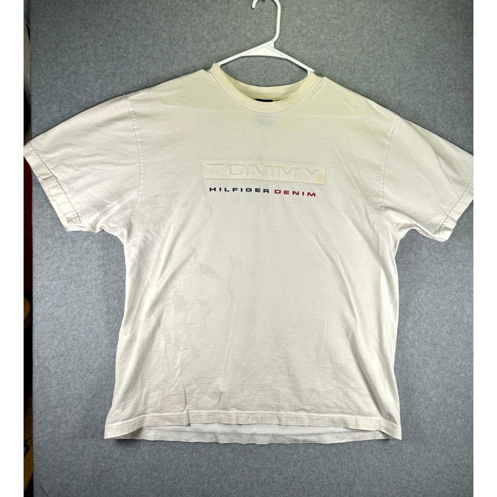 Stains* Vtg Tommy Hilfiger T Shirt Mens L Beige Cotton Graphic Logo Crew Neck